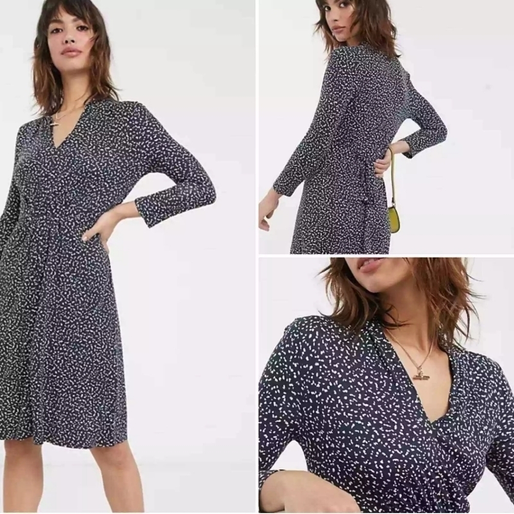 French Connection Polka Dot Navy Blue V Neck Long Sleeve Jersey Dress Size 0